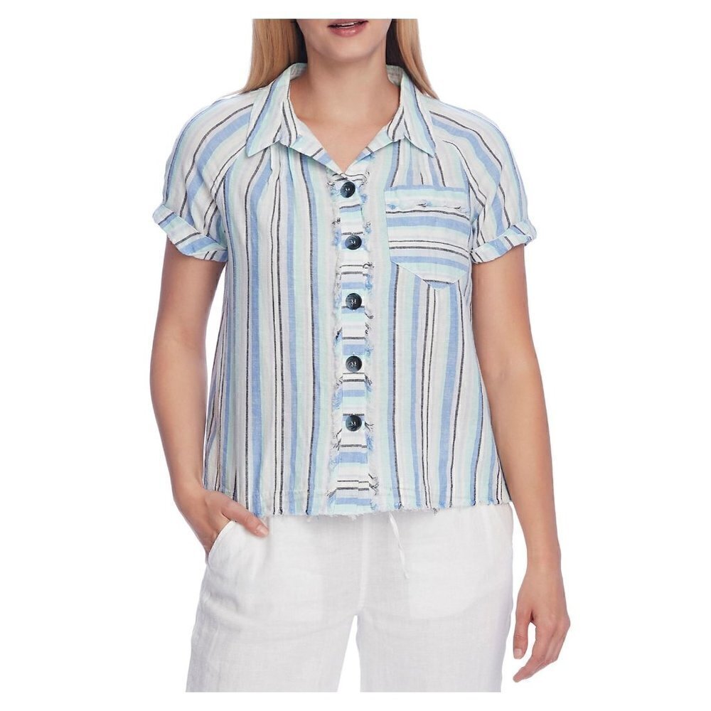 NWT Vince Camuto Size Small Stripe Linen & Cotton BLOUSE SHIRT - Blue